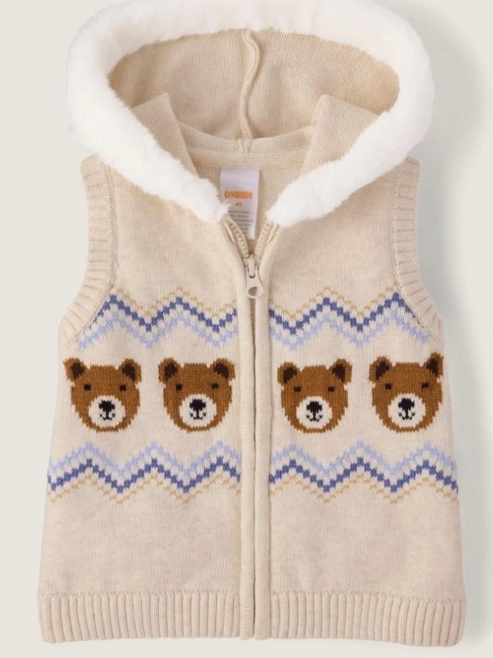 Gymboree Girls Bear Fairisle Zip Up Vest Cream & Blue 4T
